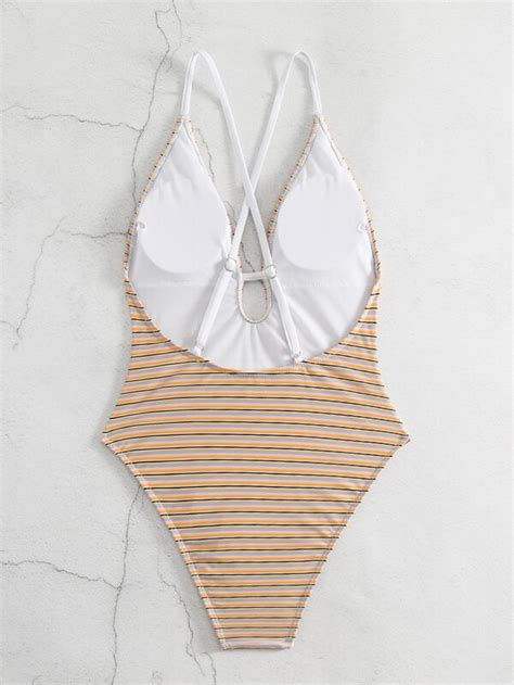 New Arrival Striped Sexy Criss Cross Backless Swimsuit With Deep V Neck And Tie Bikini