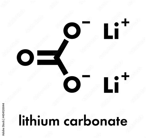 Lithium carbonate (Li2CO3) bipolar disorder drug molecule. Skeletal ...