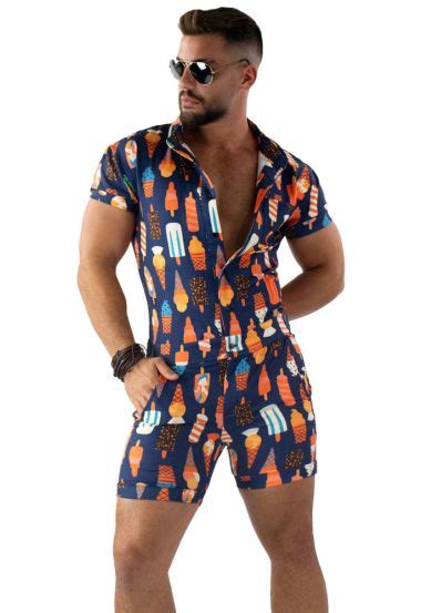 Mens Navy Printed Romper - Trendy Male Romper