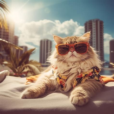 Premium Photo A Cat With Fashion Sunglasses Is Lying On The Roof