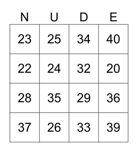 Nude Bingo Card