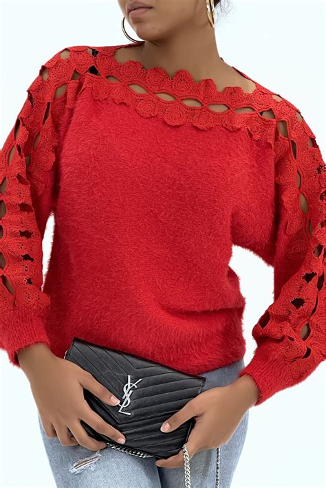 Pull Mati Re Duveteux Rouge Col Bardot En Dentelle