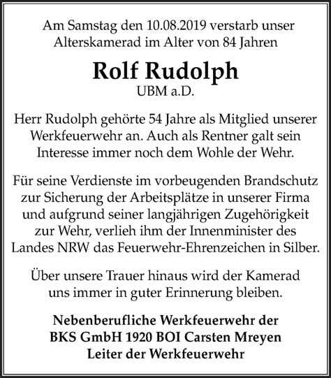 Traueranzeigen Von Rolf Rudolph Trauer In Nrw De