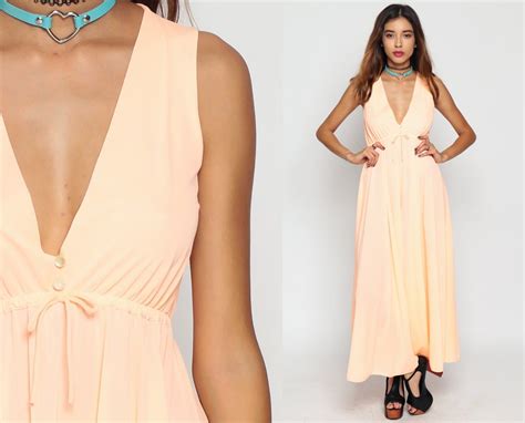Slip Dress S Maxi Boho KEYHOLE Plunge Neckline Lingerie Nightgown Peach Deep V Neck Empire