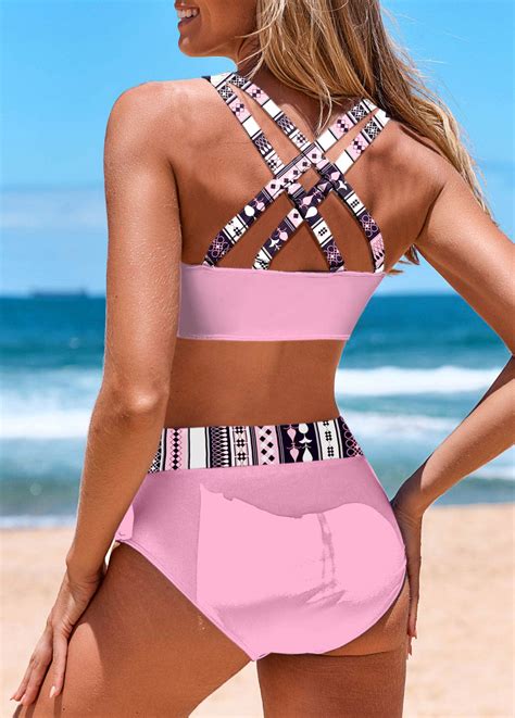 Patchwork Mid Waisted Striped Pink Bikini Set Modlily USD 34 98