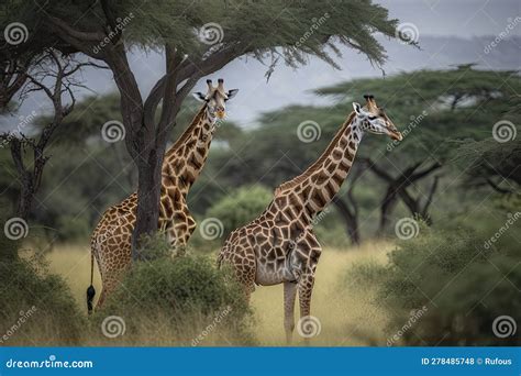 Two Maasai Giraffe Male And Female Grazing From An Acacia Tree In The