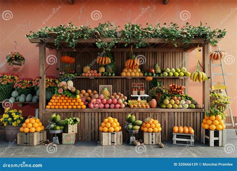 Local Produce Stand Flat Design Front View Bohemian Theme 3d Render
