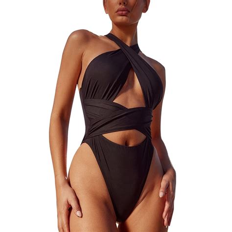 RUTAYY New Women S Backless Swimsuit Solid Color Bikini Monokini Halter Swimsuit Swimwear