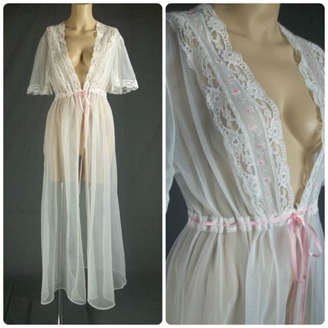 Vintage Chiffon Peignoir Robe Nylon Sheer See Through Naughty