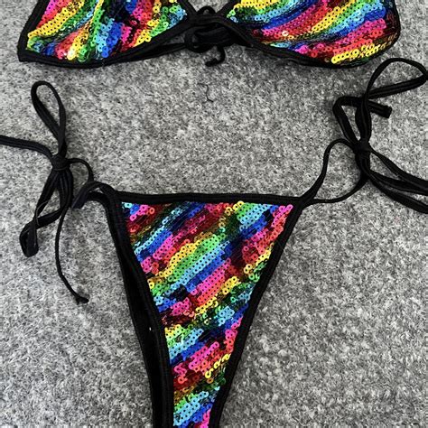 Club Exx Rainbow Sequin Bikini Worn Once Clubexx Depop