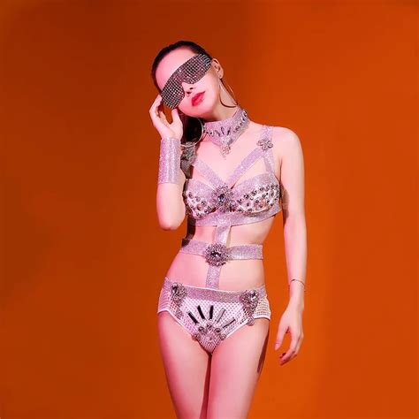 Women New Sexy Lingerie Silver Rhinestone Outfit Fashion Shining Bra Short Costumes Stage Dance