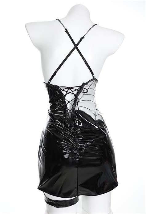Gothic Sexy Spider Web Lingerie Set Gothic Lingerie Outfit Black Patent Leather Lingerie