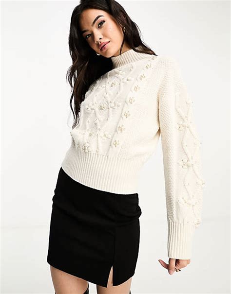 And Other Stories Mock Neck Cable Jumper With Faux Pearl Embellishment In Ecru Asos