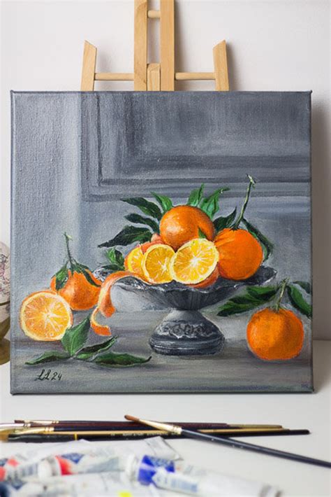 Original Oil Painting Tangerines On A Silver Platter Still Life Oil