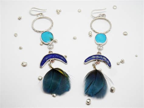 Longues boucles d oreilles plumes émaux Turquoise Argent massif