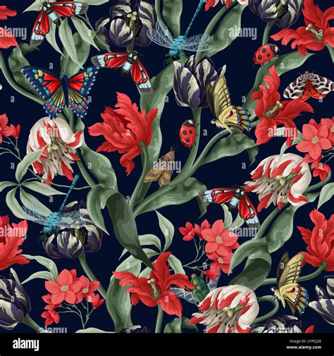 Seamless Pattern With Different Insects And Flowers Vector Stock