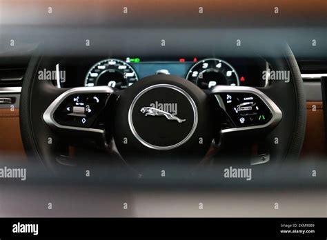 A Closeup Of The Jaguar F Pace Steering Wheel Behind Drivers Seat