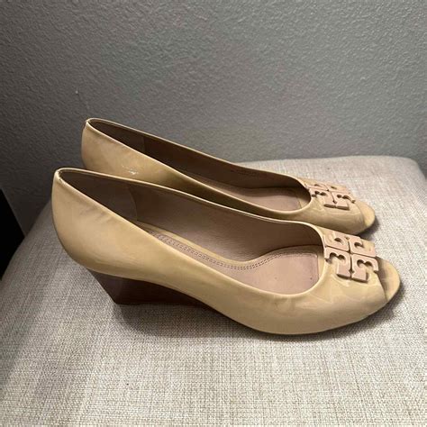 Tory Burch Women S Nude Lowell Peep Toe Wedge Pumps S Gem
