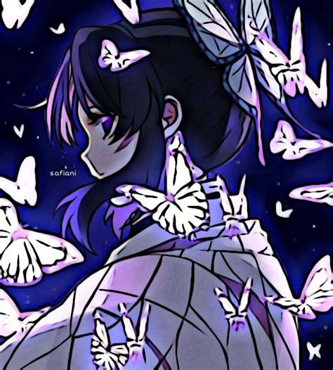 An Anime Girl With Purple Hair And Butterflies Around Her Neck Looking At The Sky