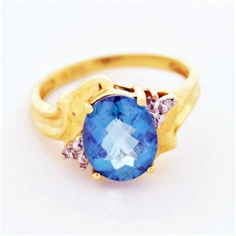 10k Yellow Gold Estate Cushion Cut Blue Topaz Diamo Gem