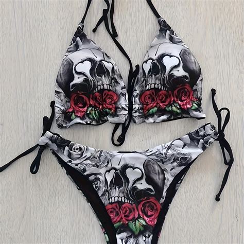 Gothic Skull Floral Print Tie Strap Piece Set Bikini High Stretch Halter Spaghetti Strap