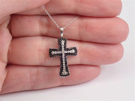 Black Diamond Cross Pendant Necklace White Gold 18 Chain Religious Charm