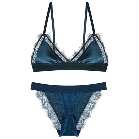 Velvet Bralet Bra Panty Set Sexy Lingerie Set Wireless Eyelash Lace Frilled Soft Triangle Cup