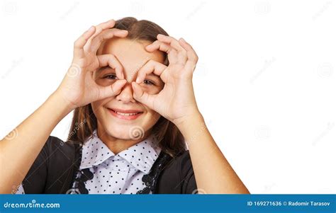 Teen Smiling Brunette Teen Girl Showing Glasses With Her Fingers Stock Photo Image Of Beauty
