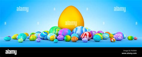 Pile Of Colorful Easter Eggs Surrounding A Giant Golden Egg Stock Photo