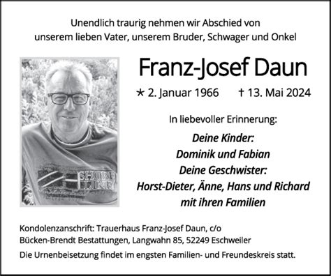 Traueranzeigen Von Franz Josef Daun Aachen Gedenkt