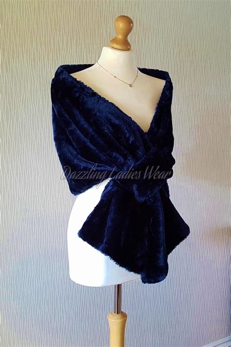 Navy Dark Blue Soft Faux Fur Stole Wrap Shawl Bolero Shrug Satin Lining Weddings