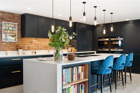 Dark Grey Blue Shaker Kitchen With Teal Detailing And Secret Passage