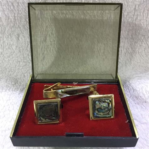 Genuine Abalone Paua Shell Gold Tone Cufflinks And Tie Clip In Box S