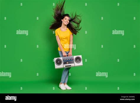 Full Length Body Size Photo Dreamy Girl With Long Brunette Hair Keeping Retro Tape Recorder