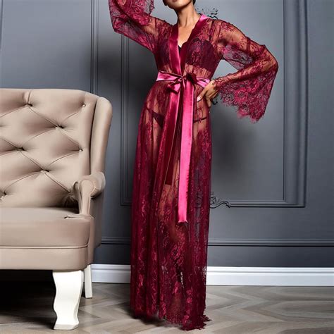 Sentmoon Lingerie For Women Long Sheer Boudoir Wedding Kimono Floor Length Lace Bridal Bath Robe