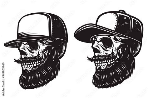 Illustration Of Bearded Skull In Baseball Cap In Engraving Style