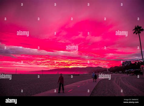 A Spectacular Red Sunset At The Beach In Santa Monica California