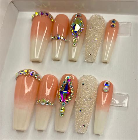 Nude Pink and White Ombré Crystal Rhinestones Press on Nails Styled in Long Ballerina Etsy