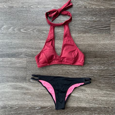 Pink Choker Bikini Top Black Cheeky Bottoms Gem