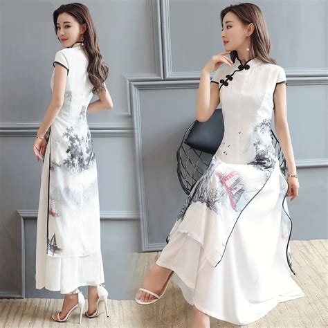 Summer Elegant Slim Womens Clothing Landscape Painting Cheongsam White