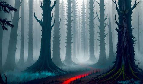 Premium Ai Image The Ethereal Forest Tall Trees Growing In A Misty