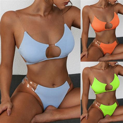 Ladymiss Women Clear Straps Ribbed Bikini Set Push Up Brazilian Swimwear Beach Swimsuit