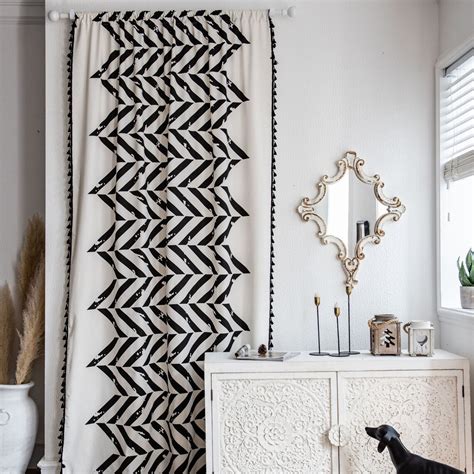 Bohemian Curtain Black Wave Stripes Geometric Print Linen Etsy