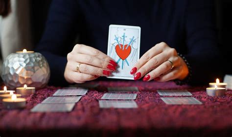 Tarot Reader Picking Tarot Cards Tarot Cards On Table Near Burning