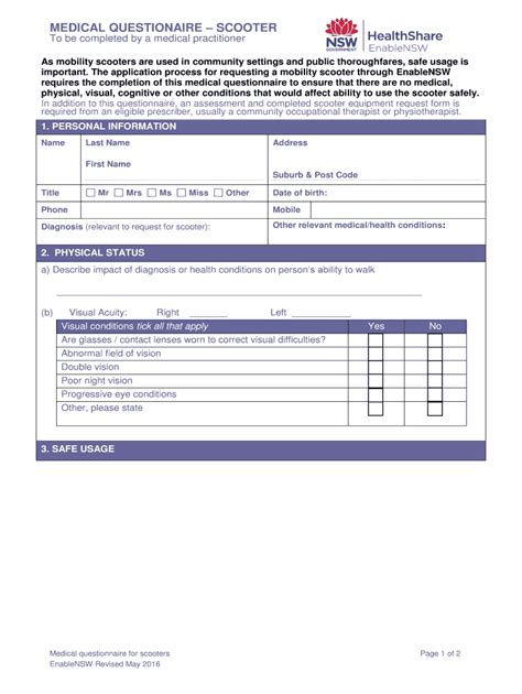 Fillable Online Enable Health Nsw Gov Medical Questionaire Scooter Fax