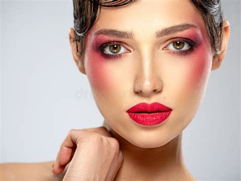 Beautiful Brunette Girl With Bright Eye Makeup Beautiful Fashion Woman With A Red Lipstick On