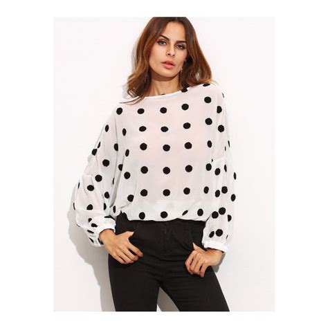 Shein Sheinside Black White Lantern Sleeve Flocking Polka Dots Blouse