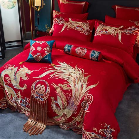 Luxury Gold Red Long Phoenix Tassel Wedding Duvet Covet Set Egyptian