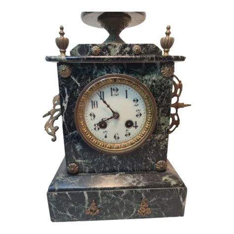 Horloge Pendule Ancienne En Marbre Vert Bronze Garniture De Chemin E