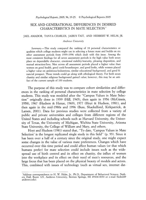 PDF Sex And Generational Differences In Desired Characteristics In Mate Selection
